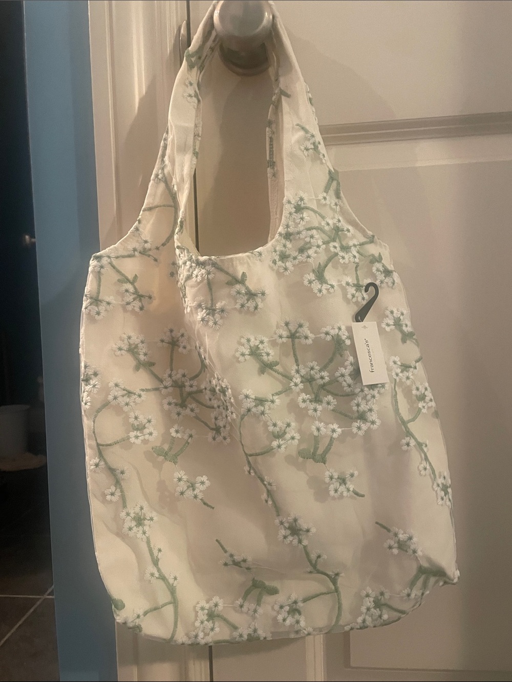 Francesca's Collections Cream Tote with Green Floral Embroidery